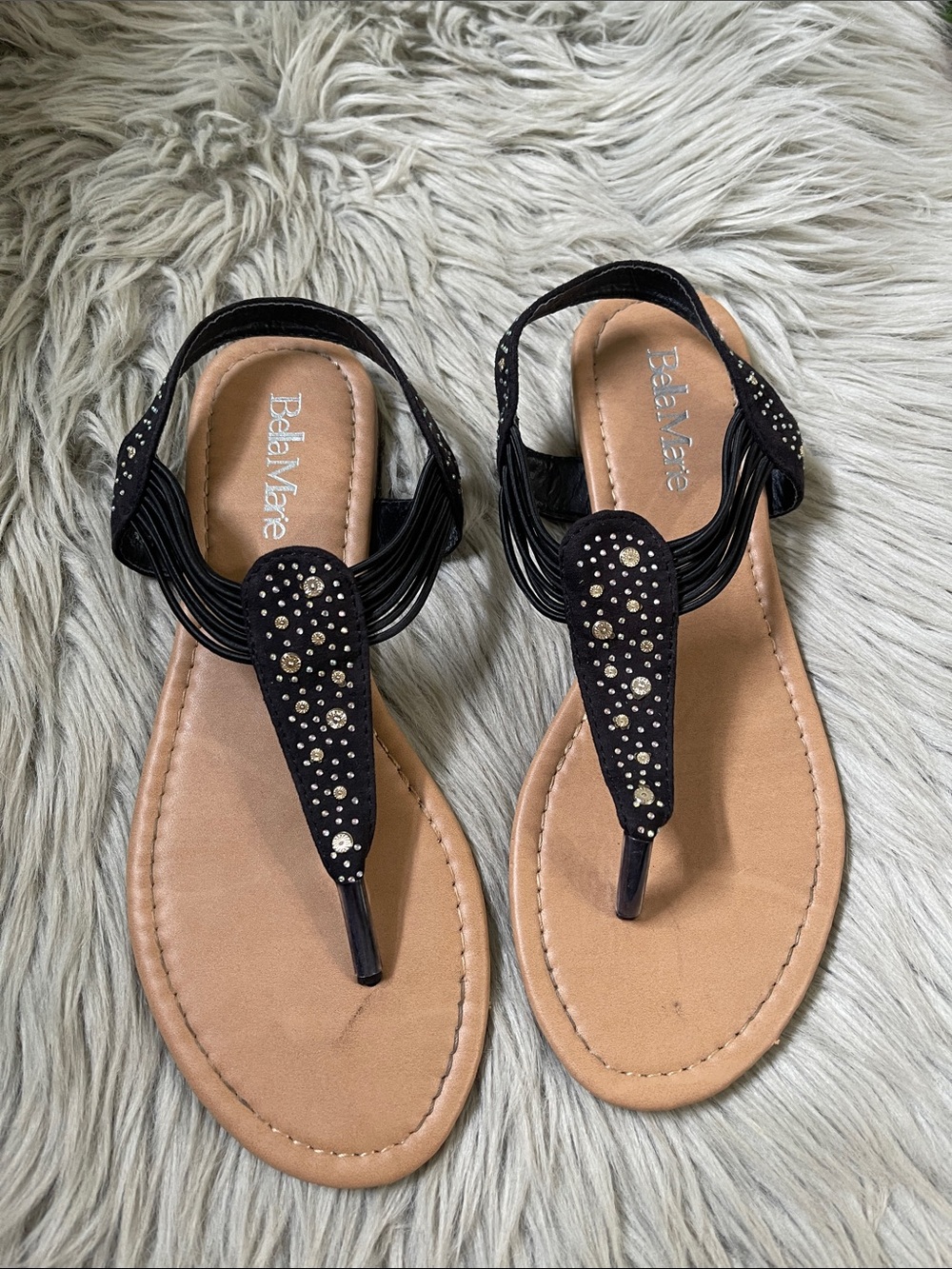 Bella Marie Black and Tan Rhinestone T-Strap Sandals
